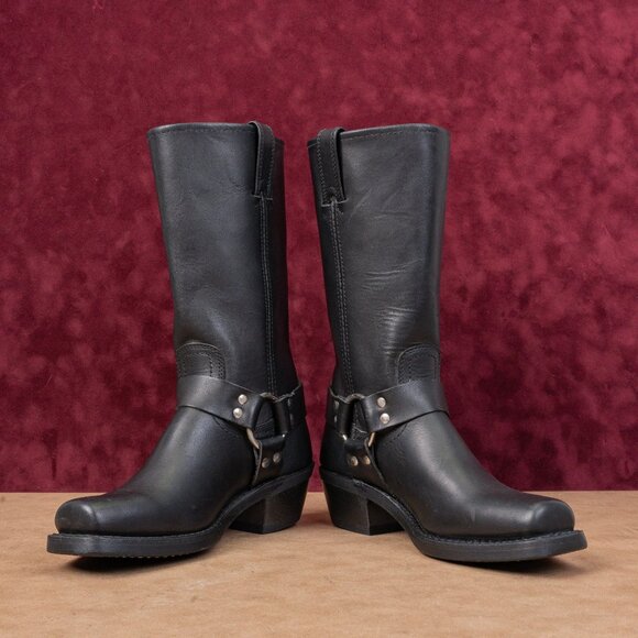 Frye Women Harness 12R Black Moto Biker Leather Mid Calf Boots 7M - Picture 2 of 9
